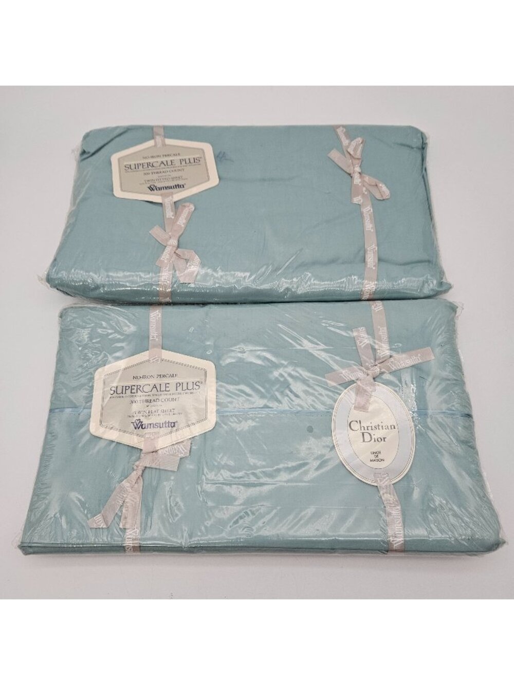 Vintage Wamsutta Christian Dior Teal Blue Twin Sheet Set Flat & Fitted NOS